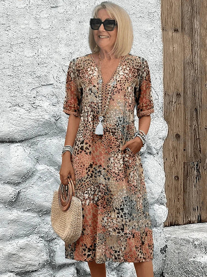 Printed V-Neck Midi Dress
