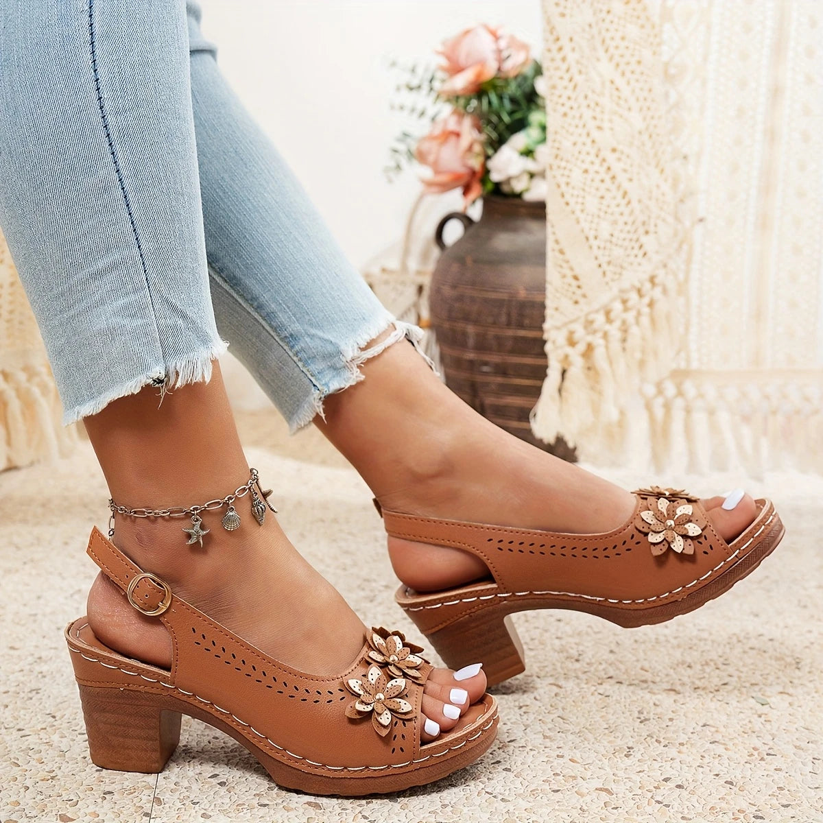 Morgan | Summer Slingback Heeled Sandals with Floral Detail
