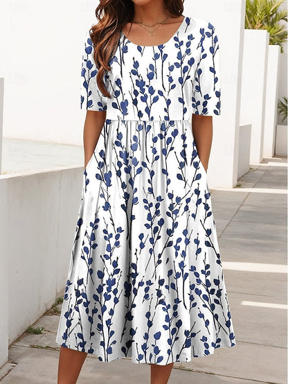 Florayne | Printed Spring Midi Dress with Gathered Waist