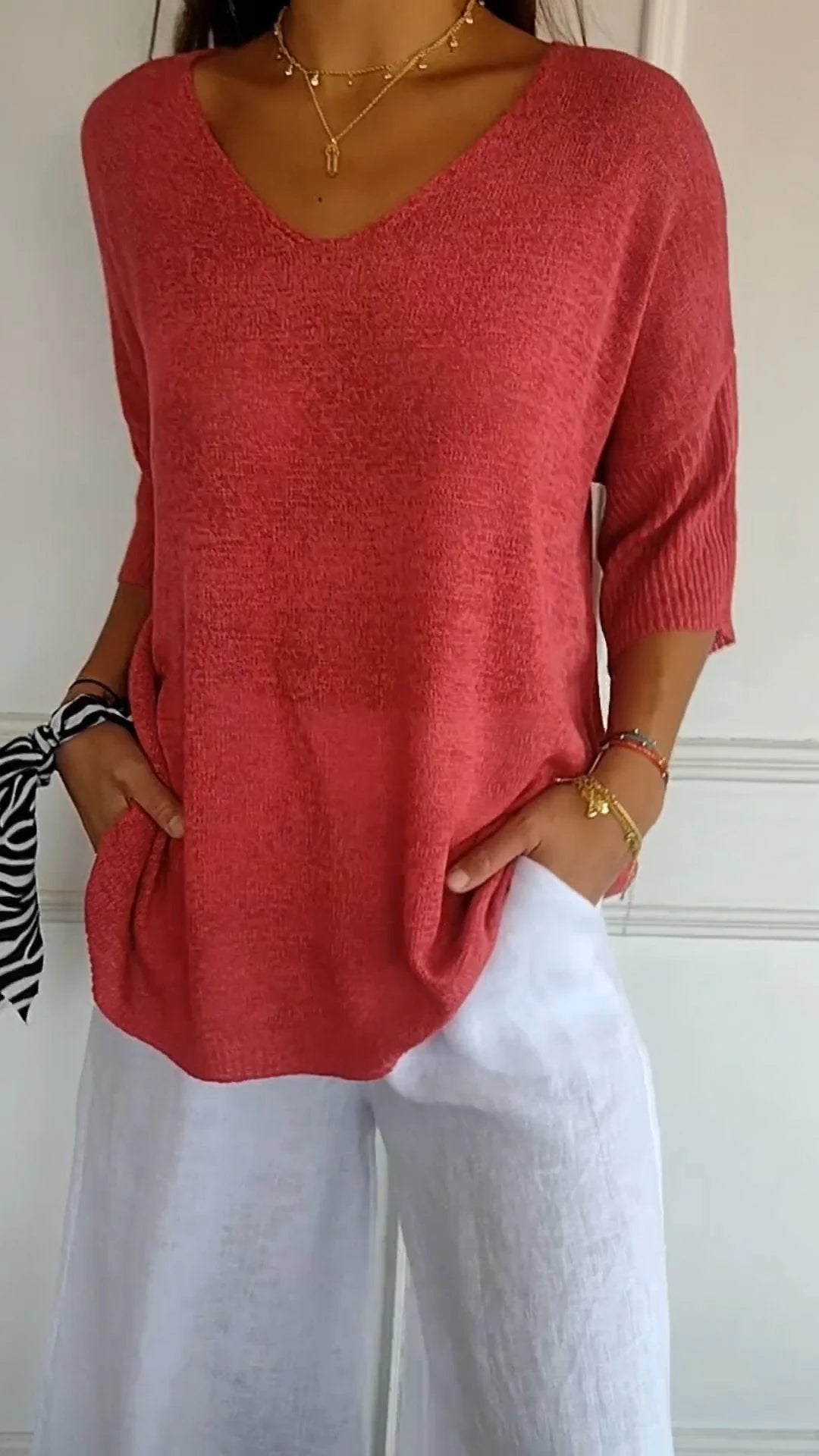 Velmiora | Women’s Relaxed V-Neck Knit Top