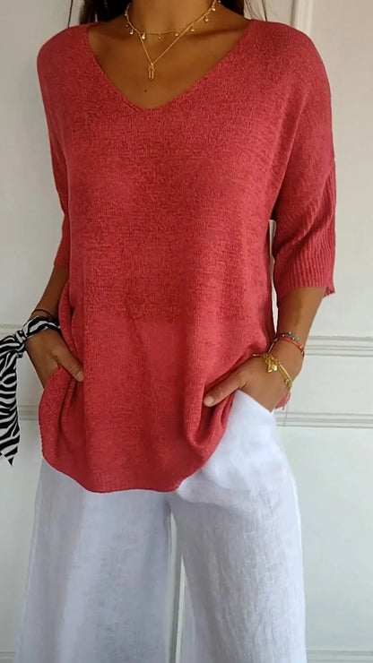 Velmiora | Women’s Relaxed V-Neck Knit Top