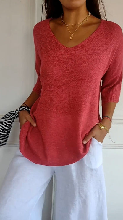 Velmiora | Women’s Relaxed V-Neck Knit Top