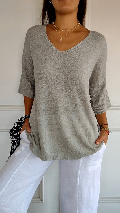 Velmiora | Women’s Relaxed V-Neck Knit Top