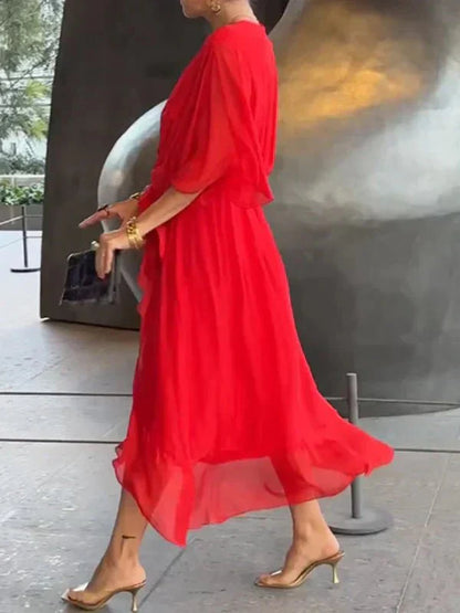 Women’s V-Neck Tie Waist Maxi Dress