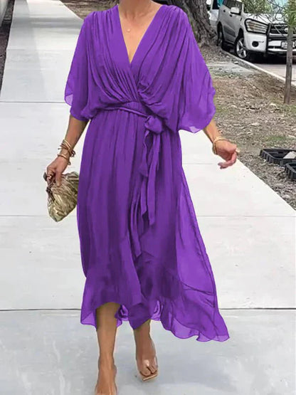 Women’s V-Neck Tie Waist Maxi Dress