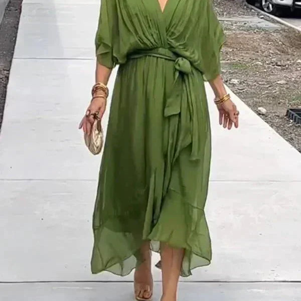 Women’s V-Neck Tie Waist Maxi Dress