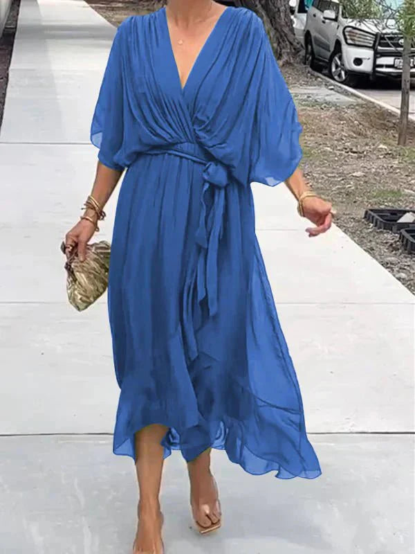 Women’s V-Neck Tie Waist Maxi Dress