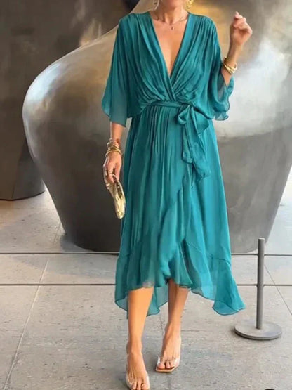 Women’s V-Neck Tie Waist Maxi Dress