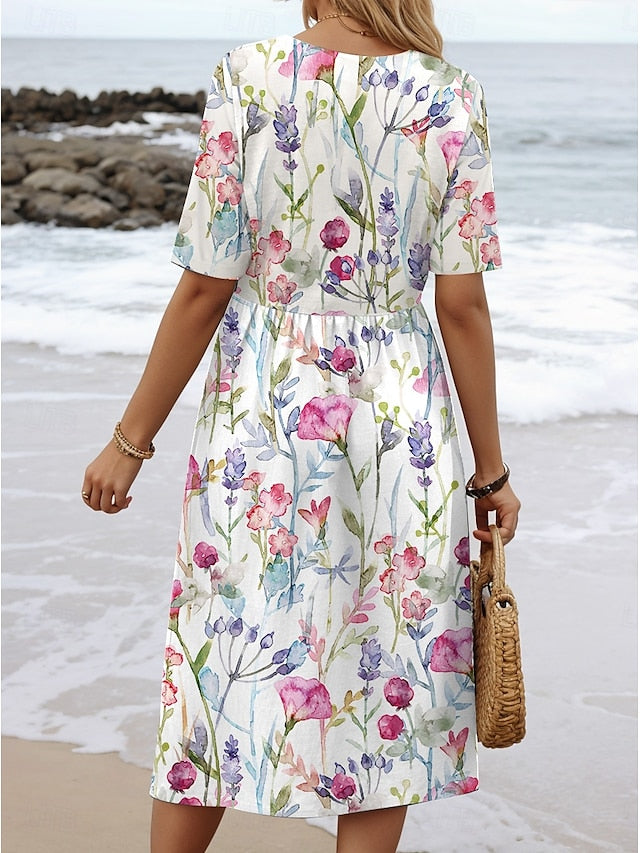 Florayne | Printed Spring Midi Dress with Gathered Waist