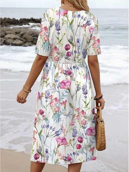 Florayne | Printed Spring Midi Dress with Gathered Waist