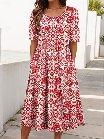 Florayne | Printed Spring Midi Dress with Gathered Waist