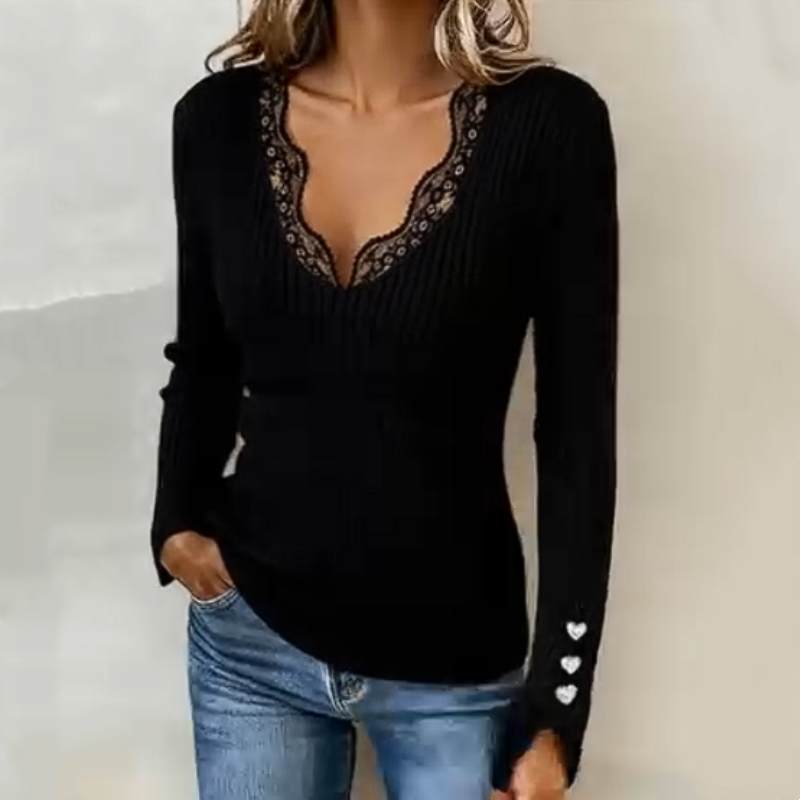 Virella | Women’s Ribbed Lace Trim Long Sleeve Top