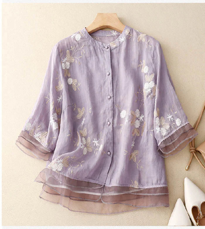 Celestine | Women’s Embroidered Button Front Relaxed Blouse